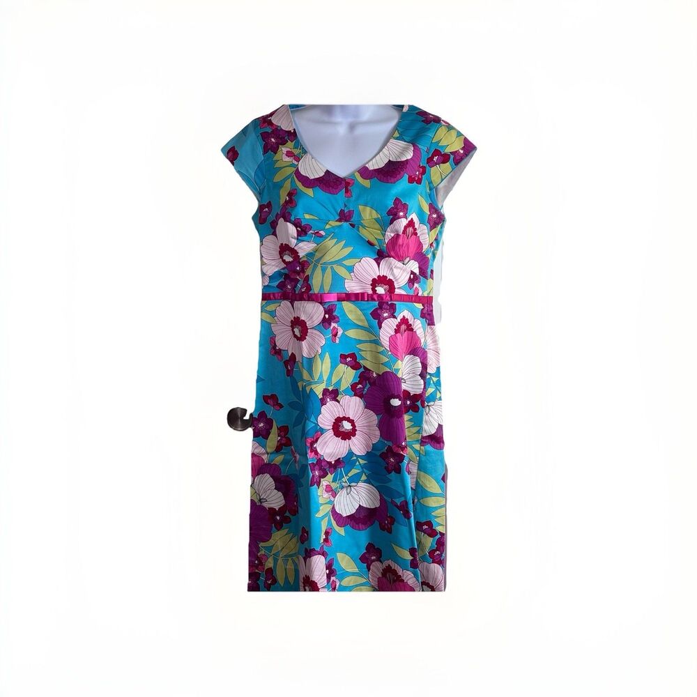Sangria Floral Fit & Flare Dress Womens Size 10 Blue Pink Tropical Cotton Street - Picture 2 of 16